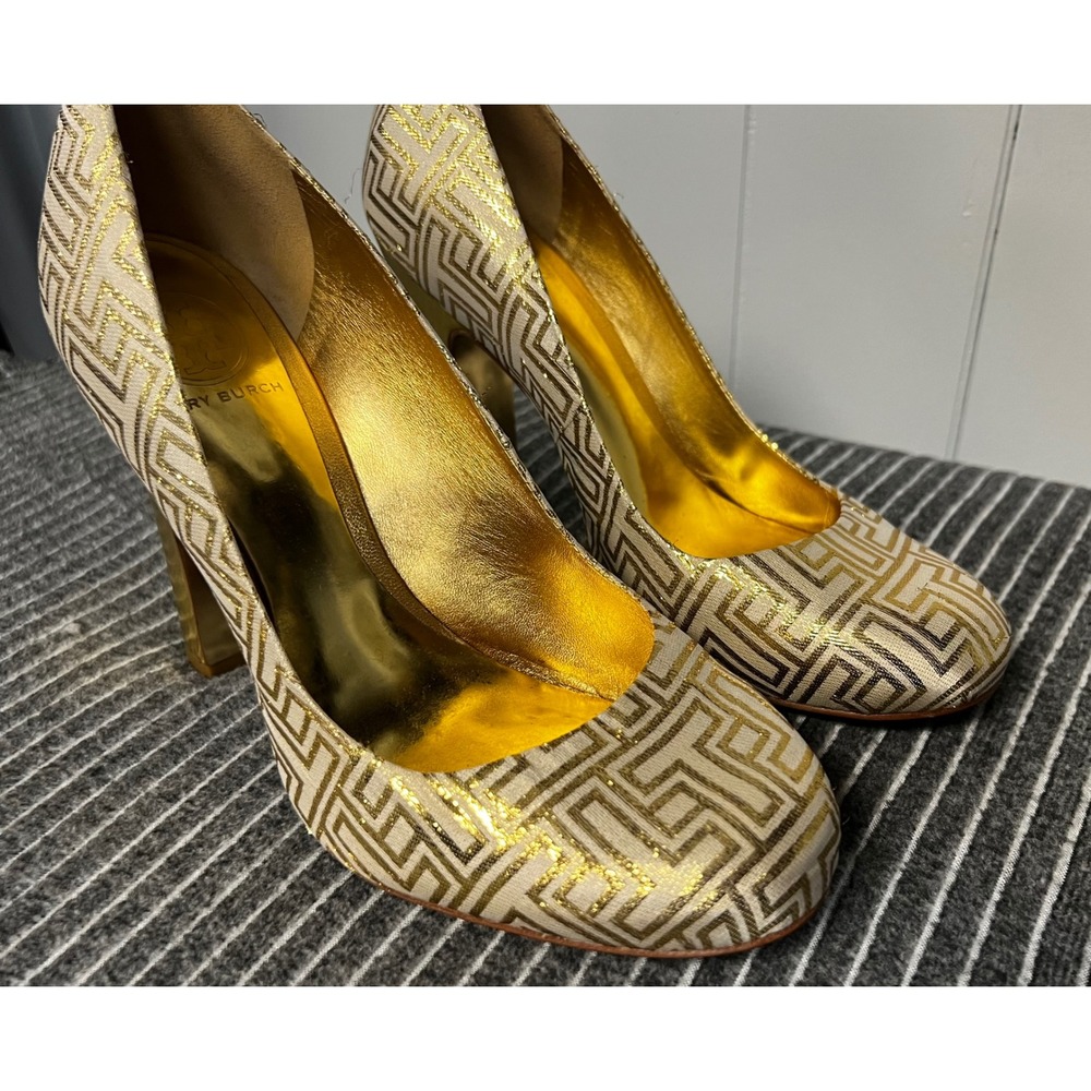 Tory Burch Gold and Cream Geometric High Heel Pumps